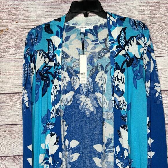 Chico's Blue & White Floral Open Front Long Sleeve Midi Cardigan Size Large New - Picture 9 of 12